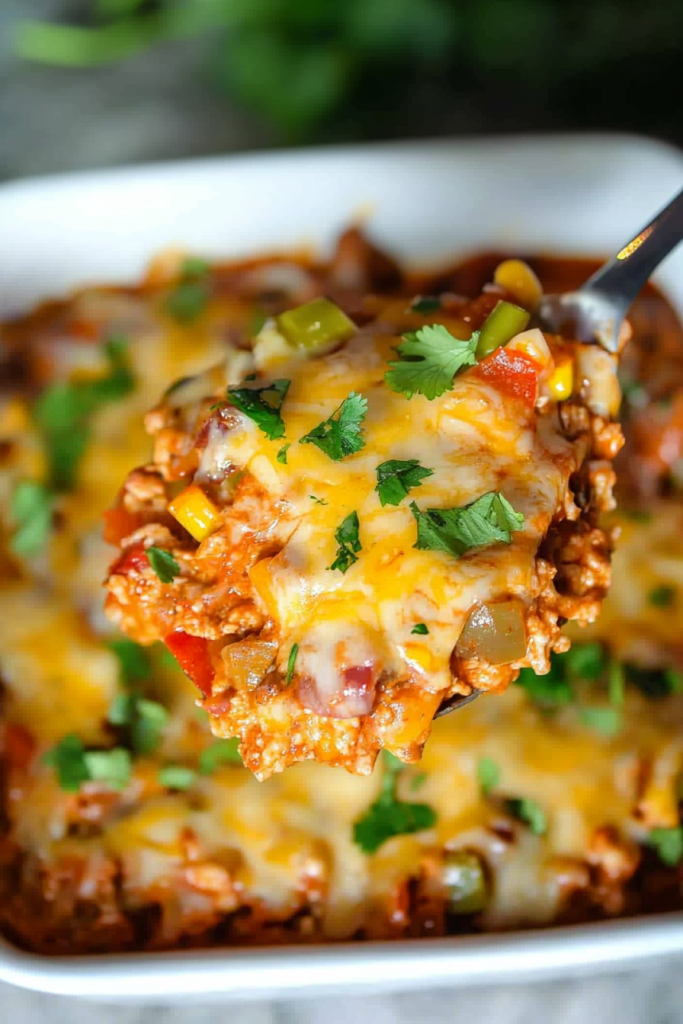 Tex-Mex inspired casserole with jalapeรฑo garnish and vibrant colors.