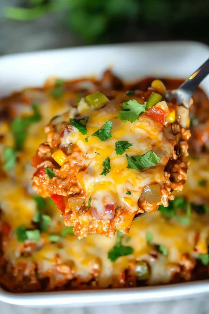 Tex-Mex inspired casserole with jalapeรฑo garnish and vibrant colors.