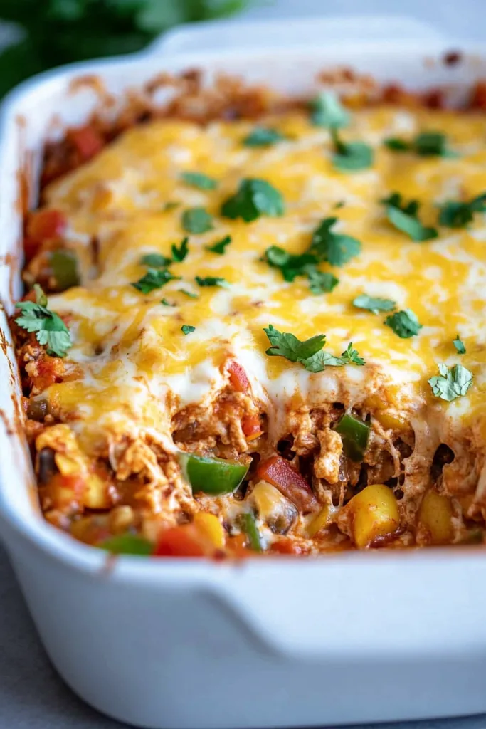 Final presentation showing diced vegetables beneath a rich cheese topping.