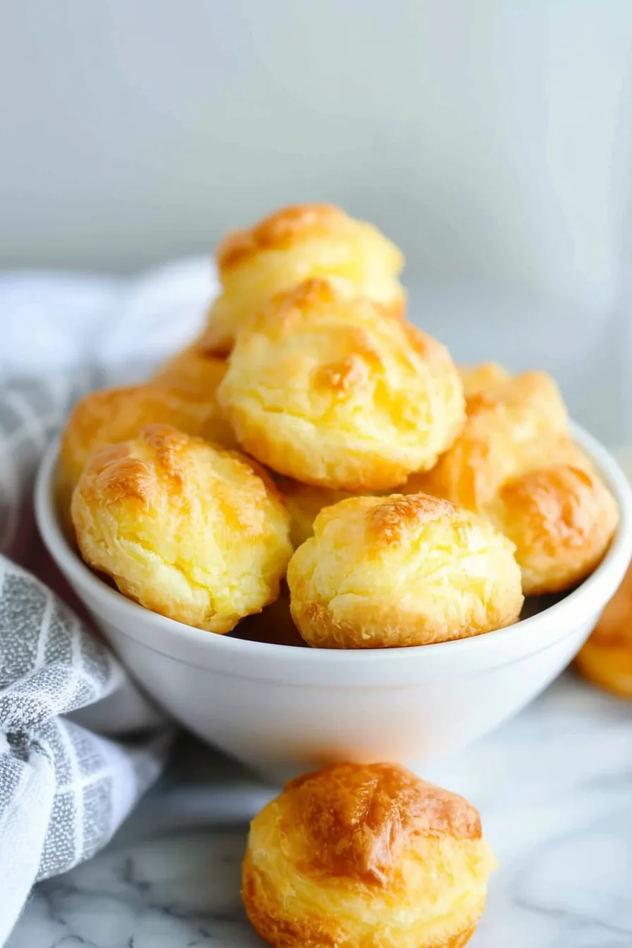 Light, golden pastries arranged casually in a bowl with a patterned cloth nearby.