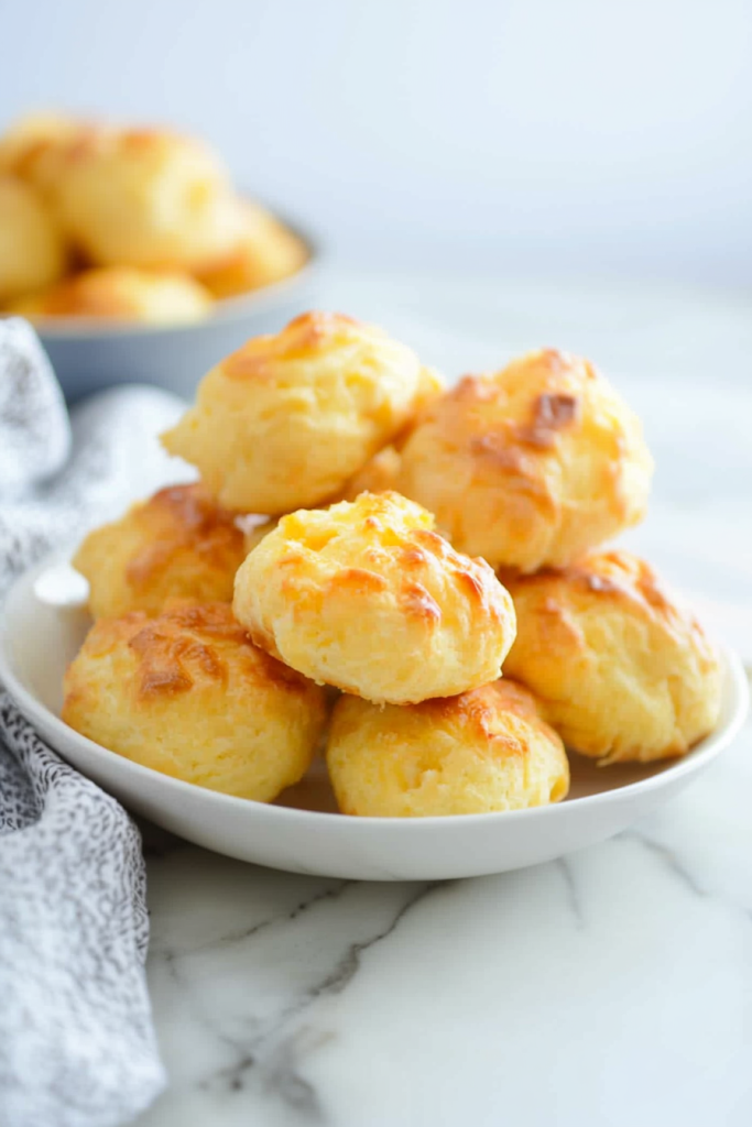 Golden-brown pastries piled in a white bowl, with one set aside to show texture.