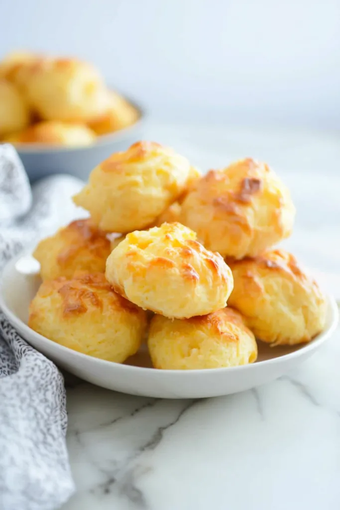 Golden-brown pastries piled in a white bowl, with one set aside to show texture.