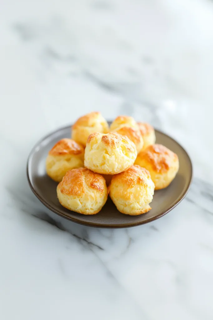 Freshly baked airy puffs on a marble surface, highlighting their crisp exterior.