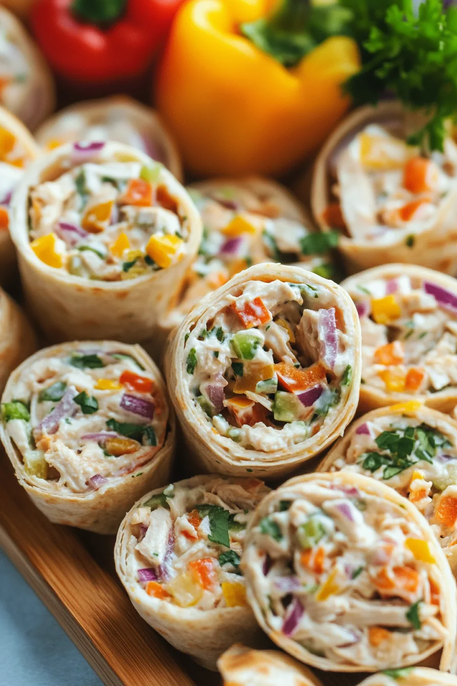 Freshly prepared tortilla pinwheels stacked on a rustic surface, highlighting their colorful vegetable filling.