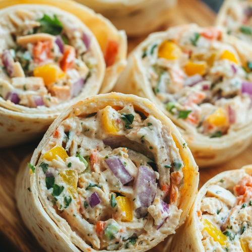 Bright pinwheel appetizers featuring diced peppers, onions, and shredded chicken wrapped in soft tortillas.