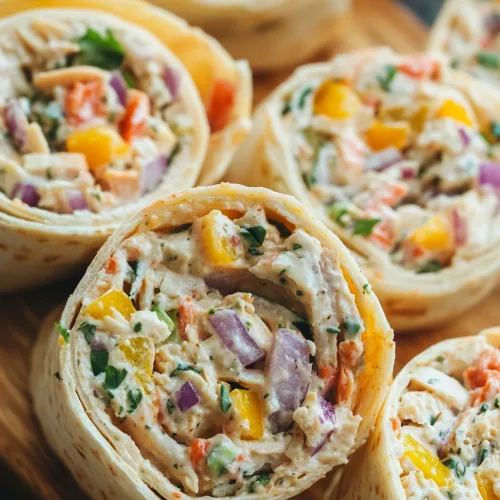 Bright pinwheel appetizers featuring diced peppers, onions, and shredded chicken wrapped in soft tortillas.