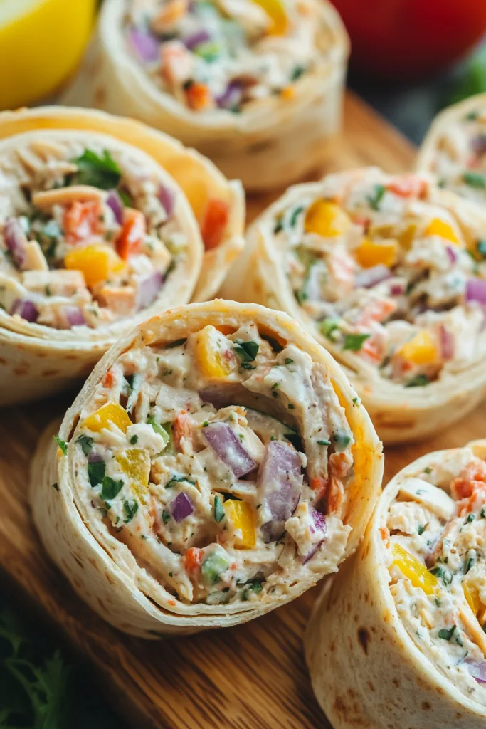 Bright pinwheel appetizers featuring diced peppers, onions, and shredded chicken wrapped in soft tortillas.
