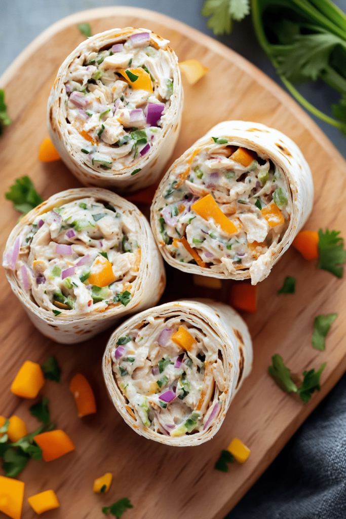 Colorful tortilla pinwheels filled with crisp peppers, herbs, and creamy spread, neatly arranged on a wooden board.