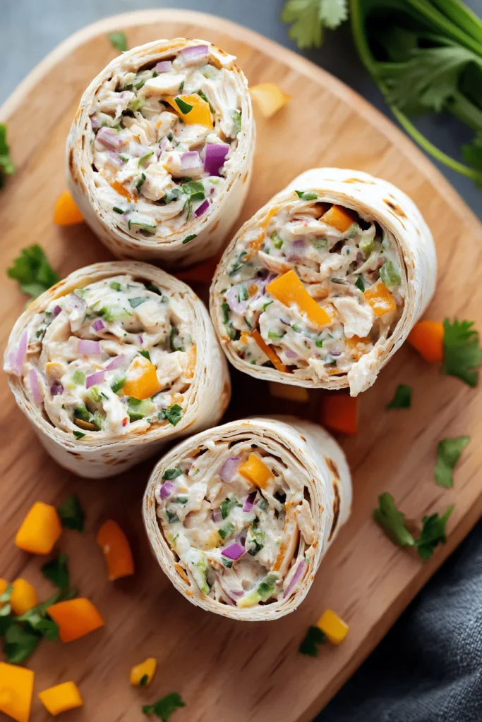 Colorful tortilla pinwheels filled with crisp peppers, herbs, and creamy spread, neatly arranged on a wooden board.