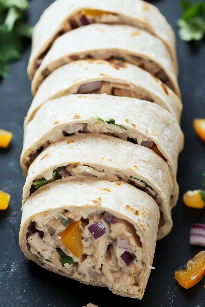 Party-ready platter of bite-sized tortilla rolls packed with fresh vegetables and herbs.
