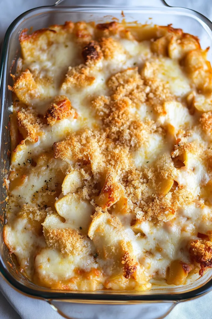 Close-up of creamy pasta layers beneath a crisp, browned topping in a glass dish.