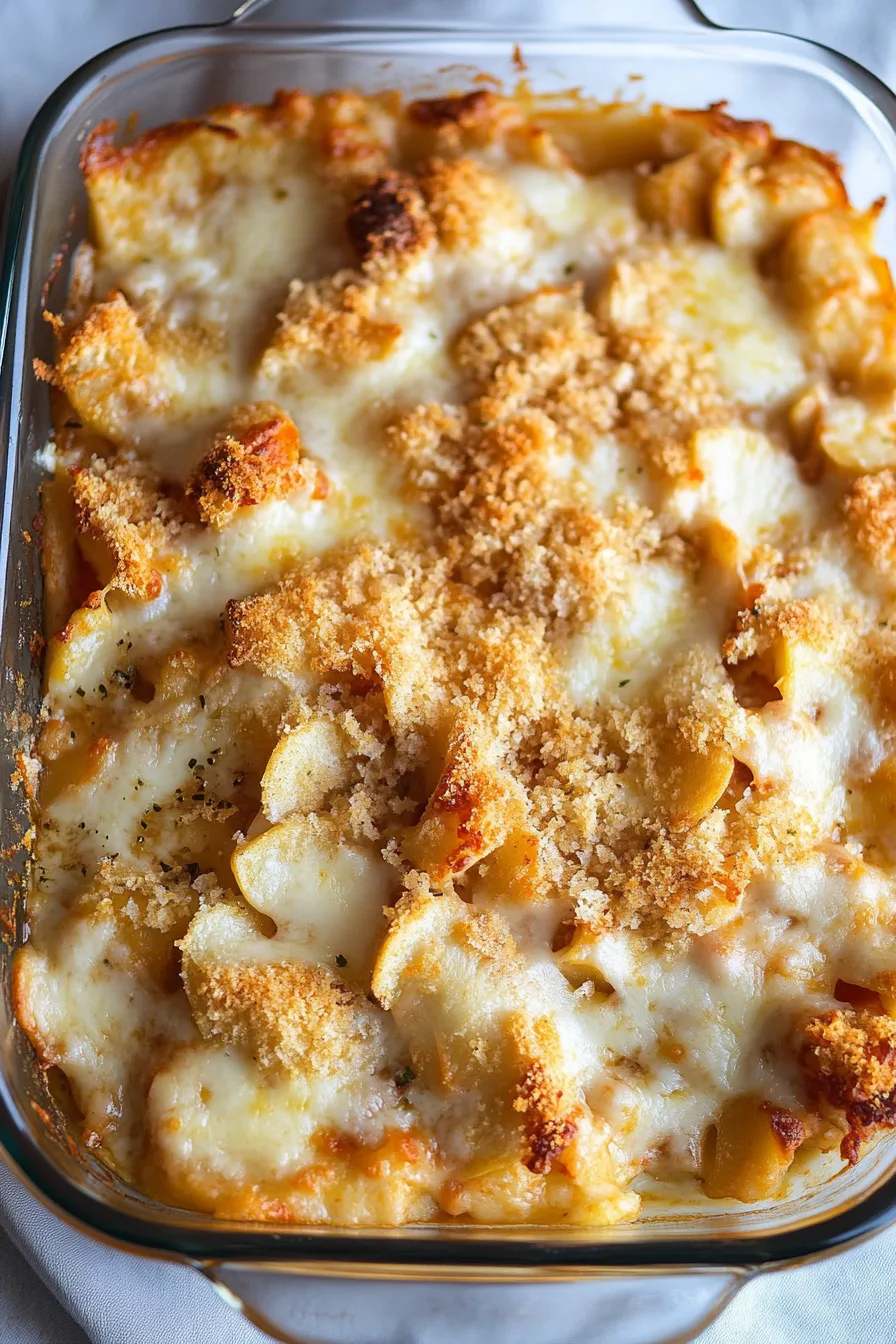 Close-up of creamy pasta layers beneath a crisp, browned topping in a glass dish.