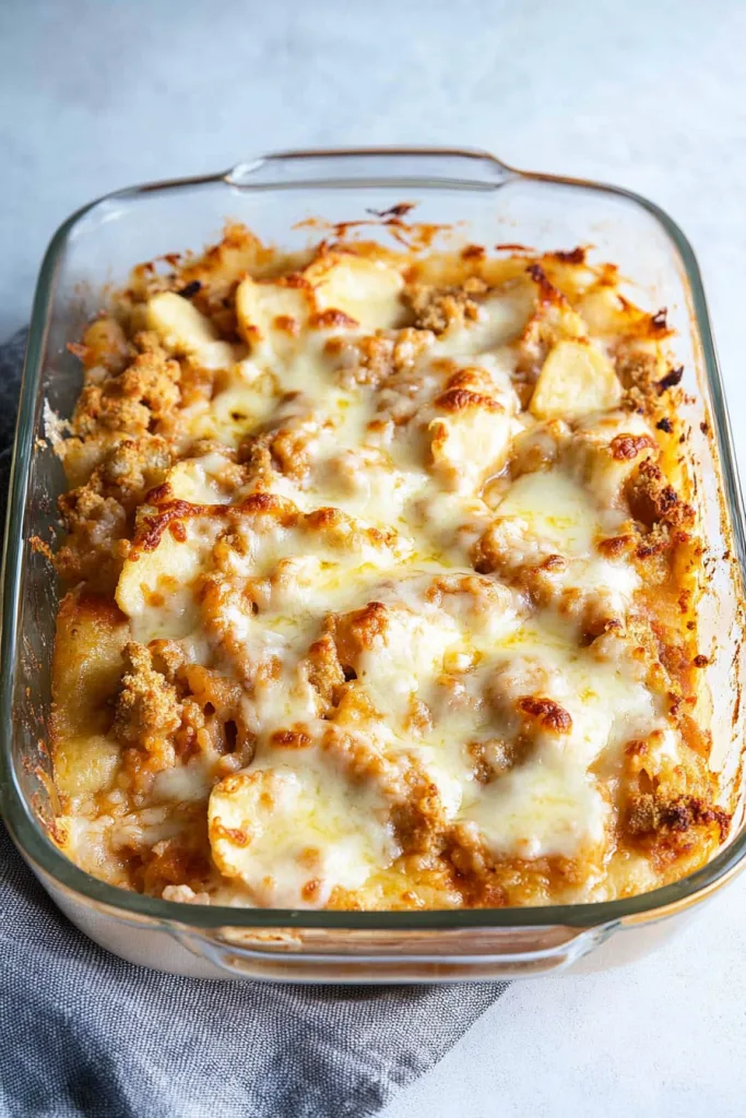 Baked pasta casserole with golden breadcrumb crust and melted cheese bubbling on top.