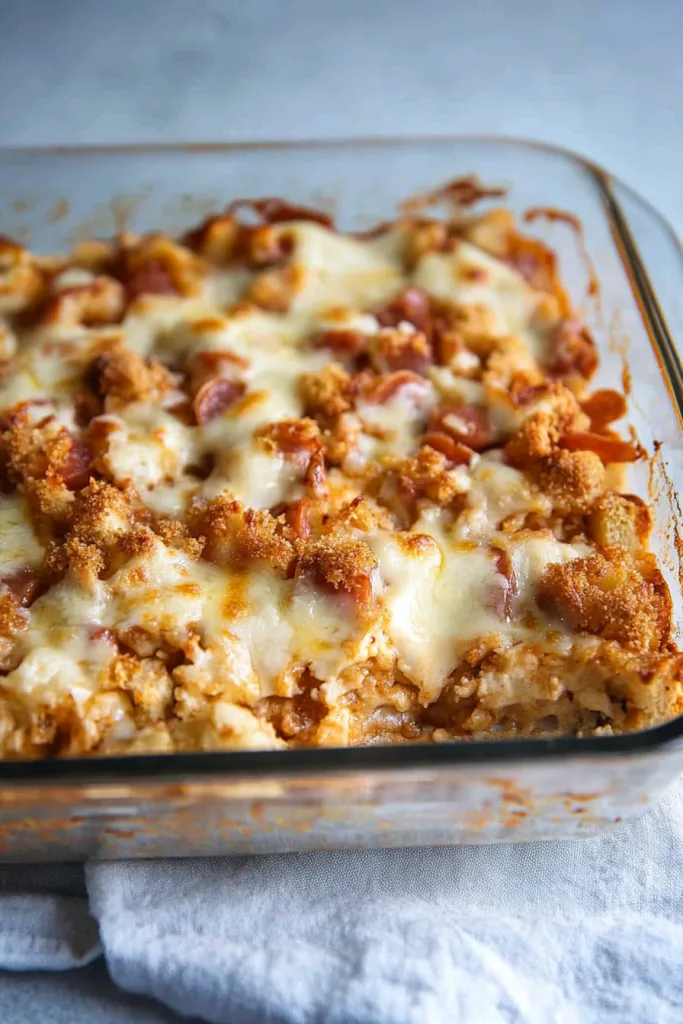 Overhead view of hearty baked dish highlighting crunchy topping and rich texture.