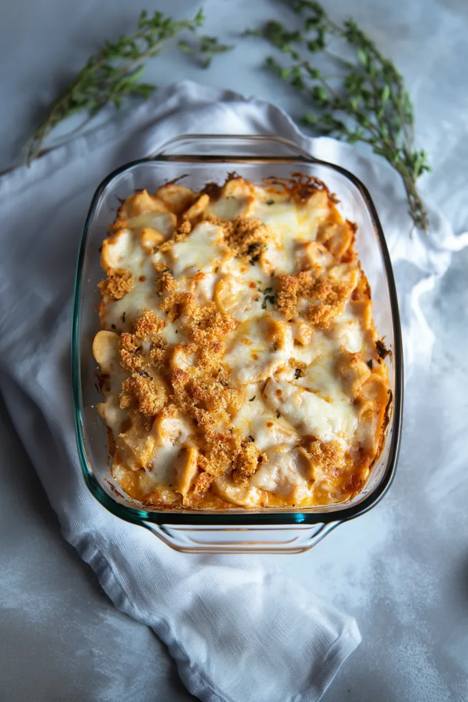 Freshly baked casserole showcasing cheesy surface with lightly toasted edges.