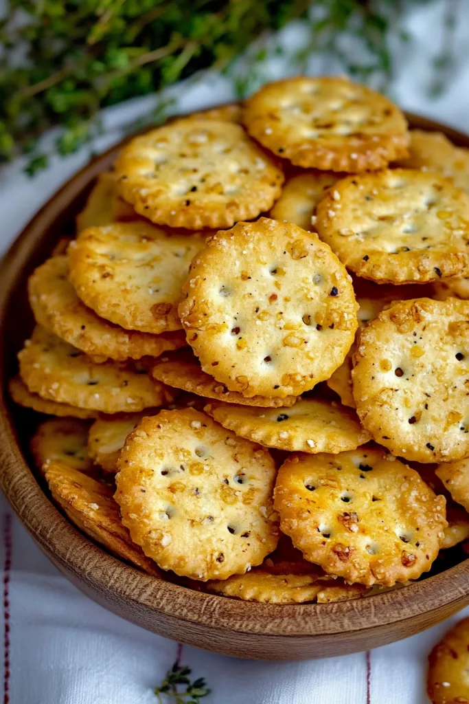 Golden crackers stacked in a rustic wooden bowl, speckled with seasoning and ready to serve.