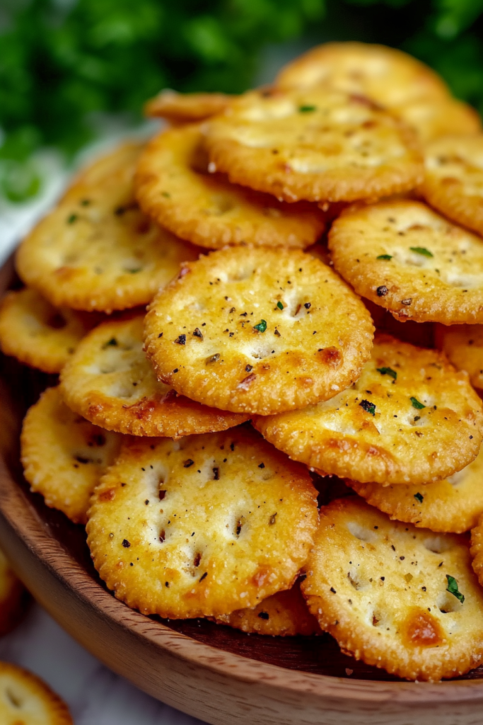 Snack platter with crackers arranged neatly beside fresh herbs for garnish.