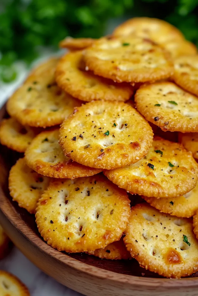 Snack platter with crackers arranged neatly beside fresh herbs for garnish.