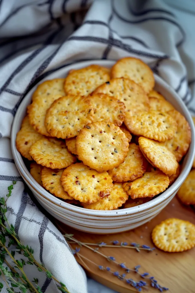 Overhead view of seasoned crackers in a bowl, styled for a simple food presentation.