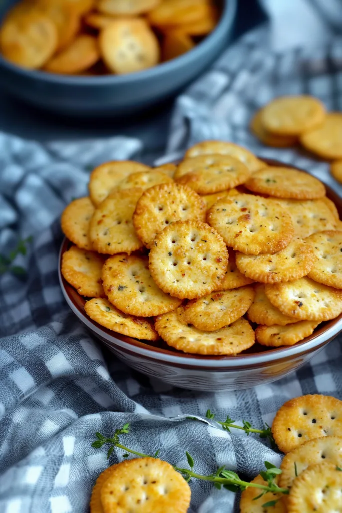 Crispy baked crackers piled high, showing their rough texture and golden-brown color.