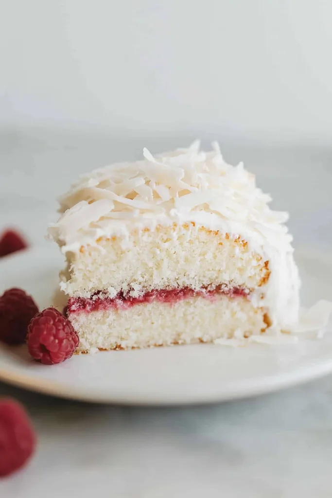 Slice of soft vanilla cake layered with rich raspberry filling and fluffy frosting.