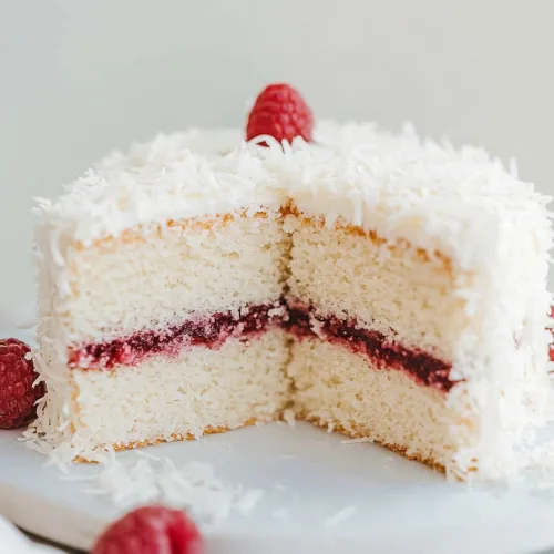 Elegant homemade cake topped with shredded coconut and fresh raspberries.