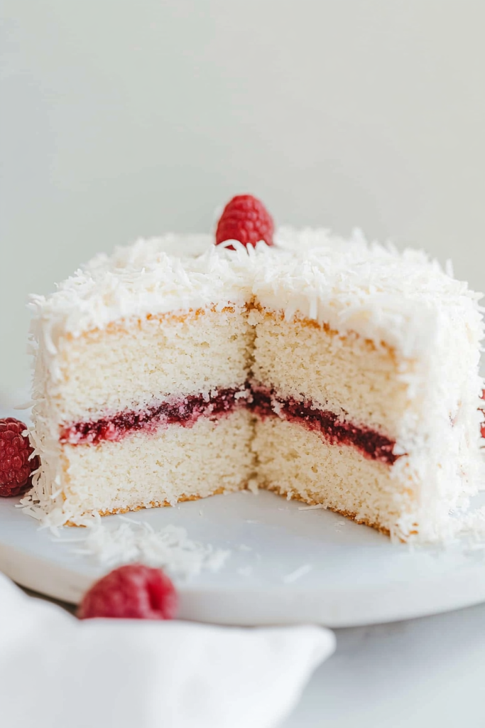 Elegant homemade cake topped with shredded coconut and fresh raspberries.