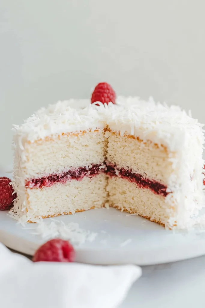 Elegant homemade cake topped with shredded coconut and fresh raspberries.