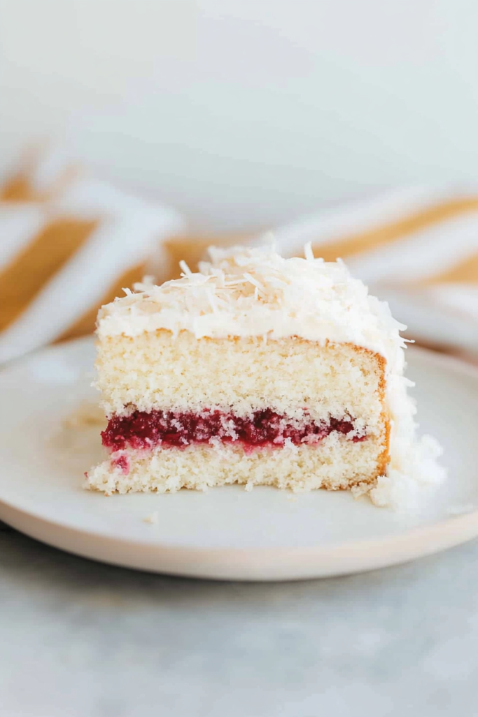 Moist layer cake with creamy frosting and a sweet berry filling in the center.