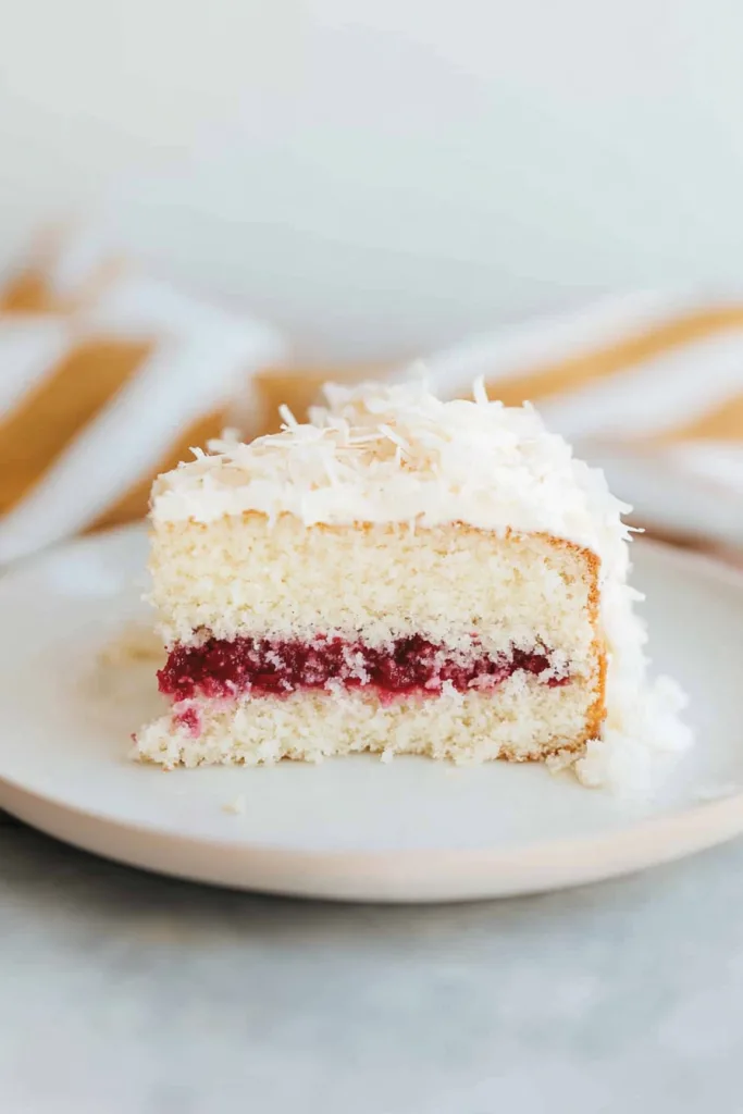 Moist layer cake with creamy frosting and a sweet berry filling in the center.