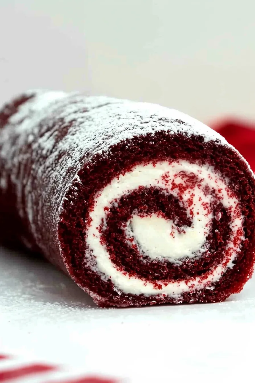 Dessert roll with delicate sugar dusting and visible swirl pattern.