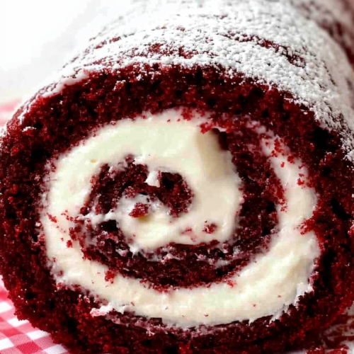 Cake roll resting on checkered cloth, highlighting red and white contrast.