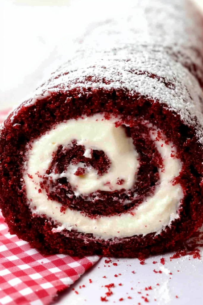 Cake roll resting on checkered cloth, highlighting red and white contrast.