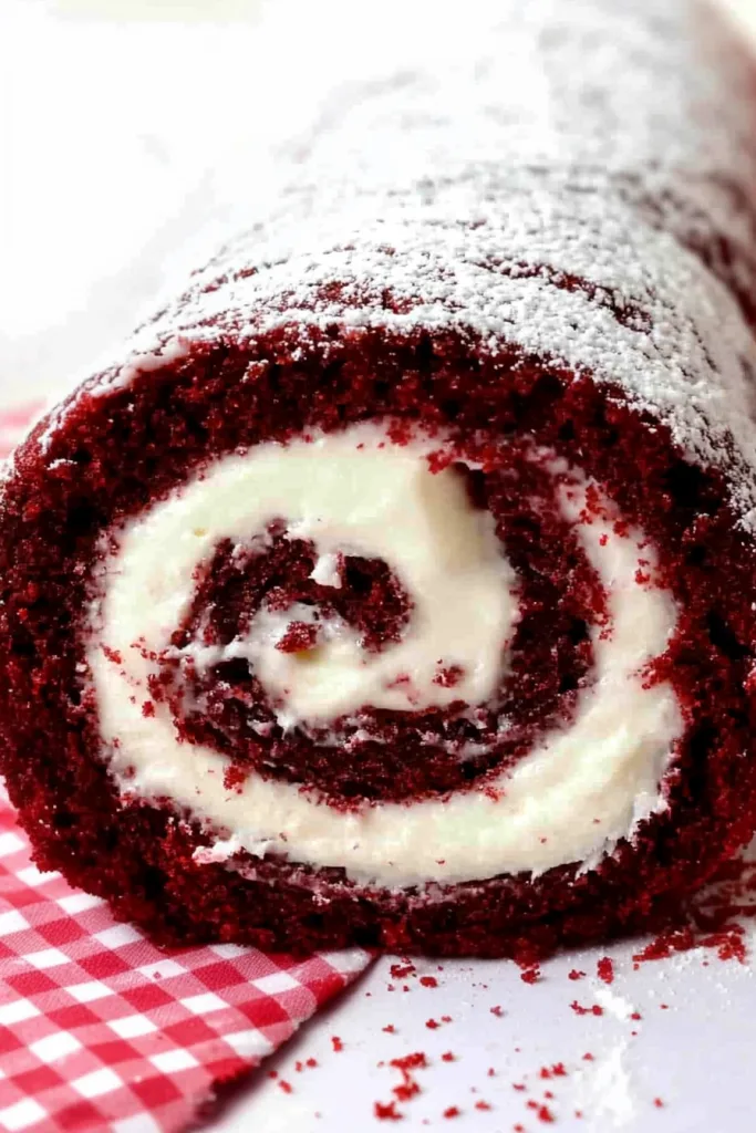 Cake roll resting on checkered cloth, highlighting red and white contrast.