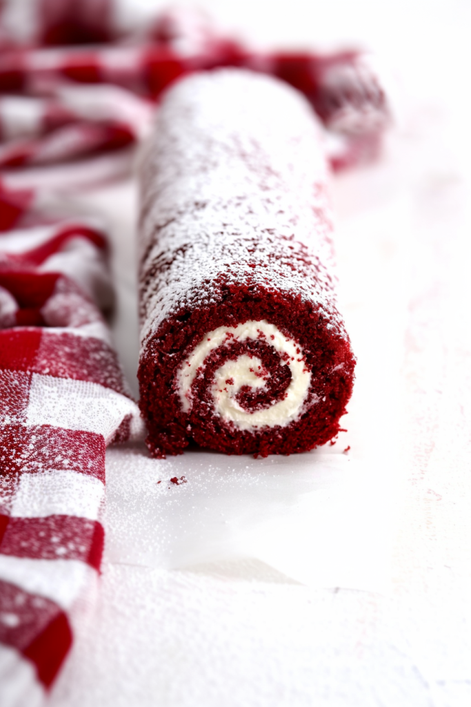 Moist red sponge wrapped around smooth cream center.