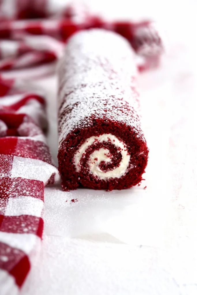 Moist red sponge wrapped around smooth cream center.