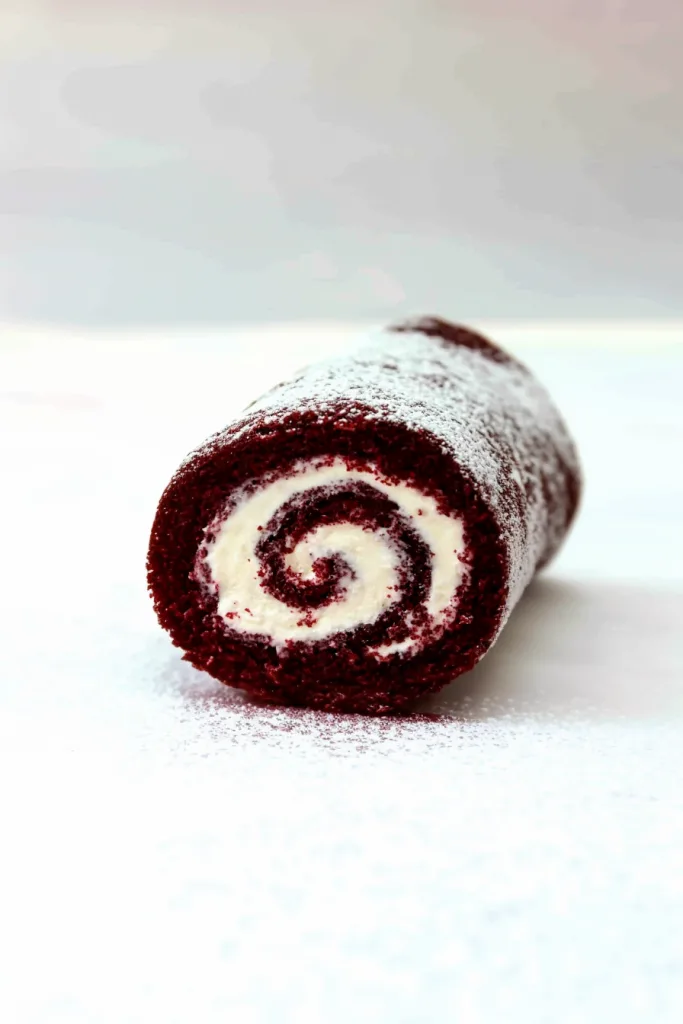 Spiral slice of red cake with creamy white filling dusted in powdered sugar.
