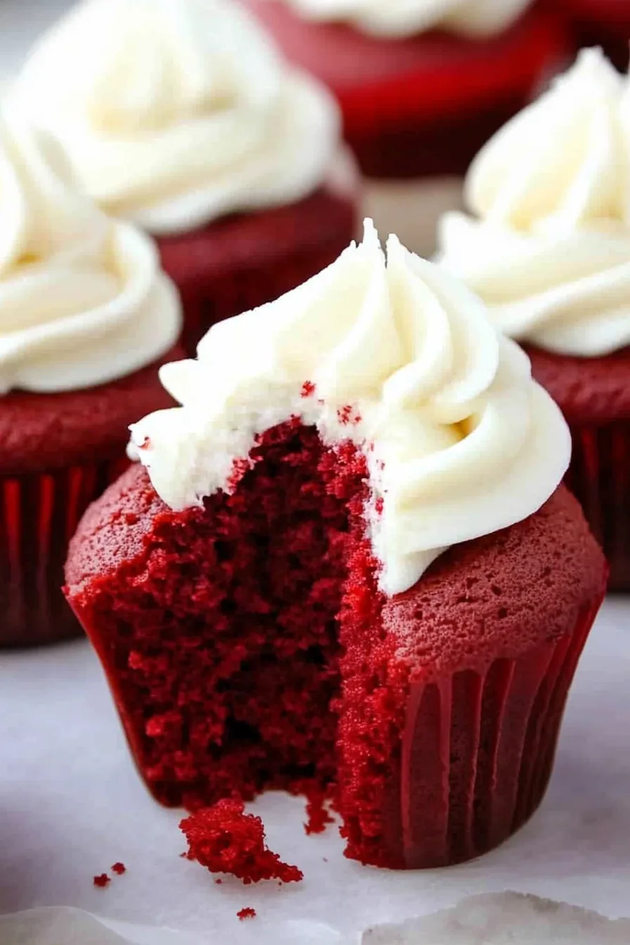 Cupcake with a bite taken out, showing moist red interior and creamy frosting swirl.