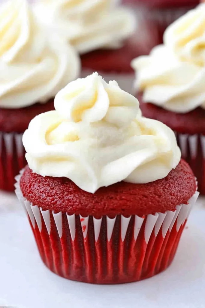 Cupcake in a paper liner with smooth cream cheese frosting, others blurred in the background.