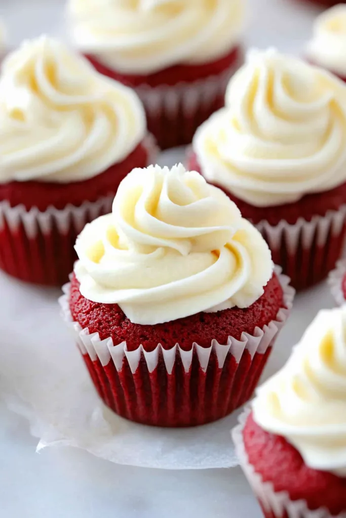 Rich red cake base contrasting against fluffy white frosting.