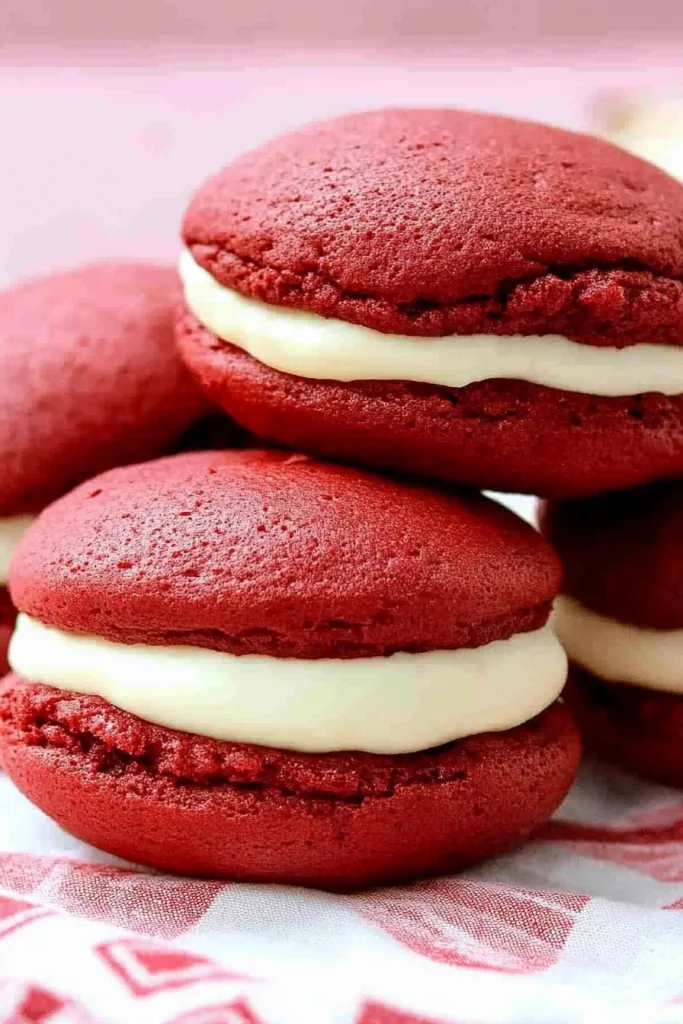 Whoopie pies arranged on patterned cloth, highlighting red and white contrast.
