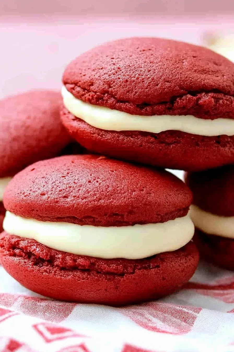 Whoopie pies arranged on patterned cloth, highlighting red and white contrast.