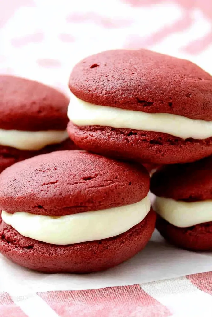 Stack of deep red sandwich cookies with creamy white filling.