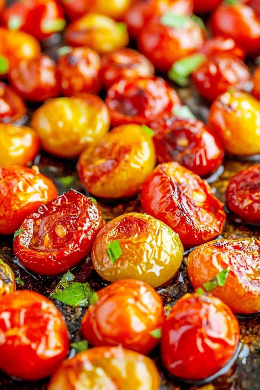 Juicy blistered tomatoes roasted until caramelized and garnished with fresh herbs
