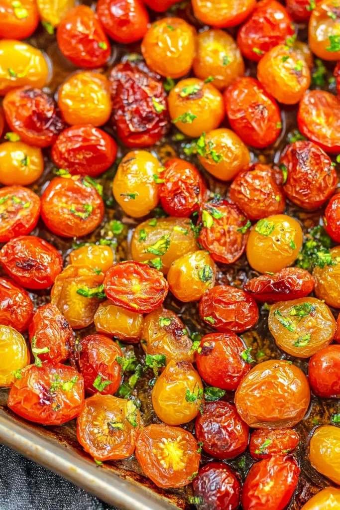 Golden and red roasted tomatoes cooked until soft and lightly charred