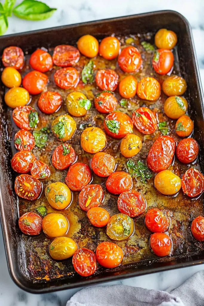 Pan of tender baked tomatoes bursting with flavor and sprinkled with chopped herbs