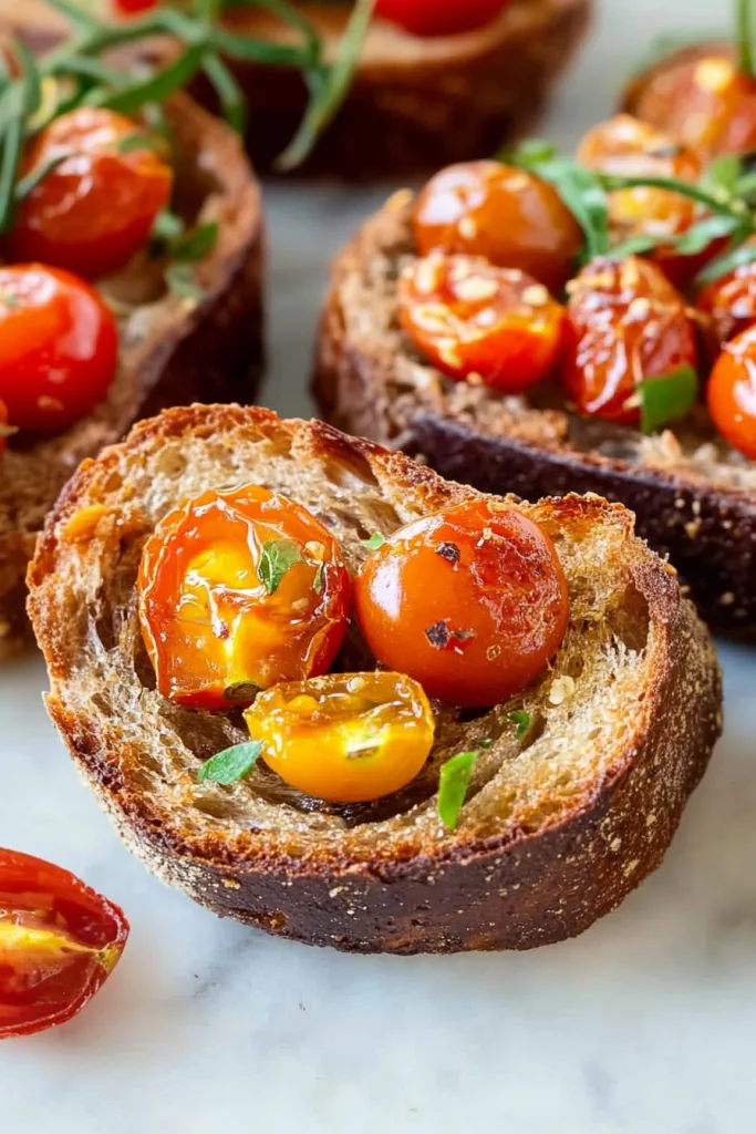 Golden slices of crusty bread layered with roasted tomatoes and a drizzle of olive oil.