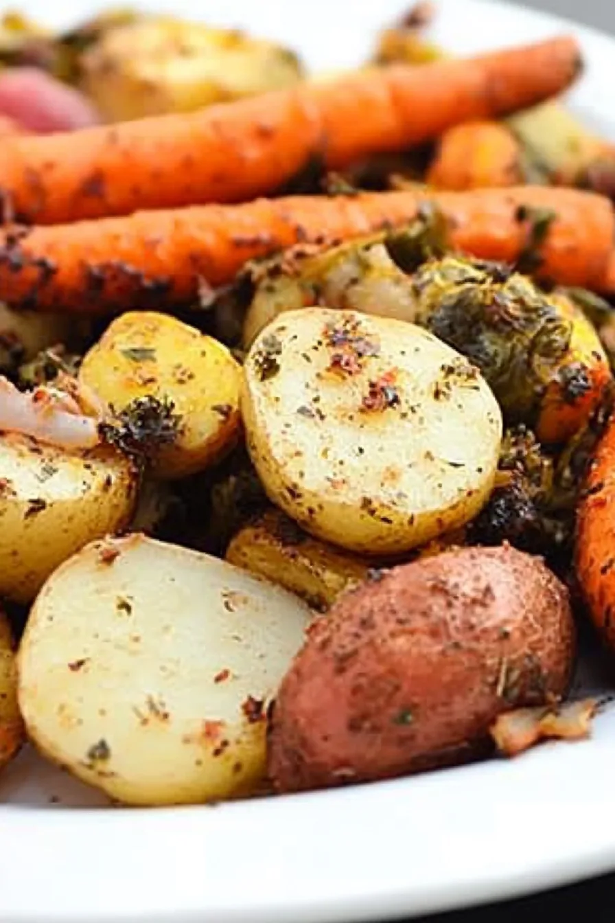 Serving dish of roasted root vegetables and sprouts, warm and hearty presentation.
