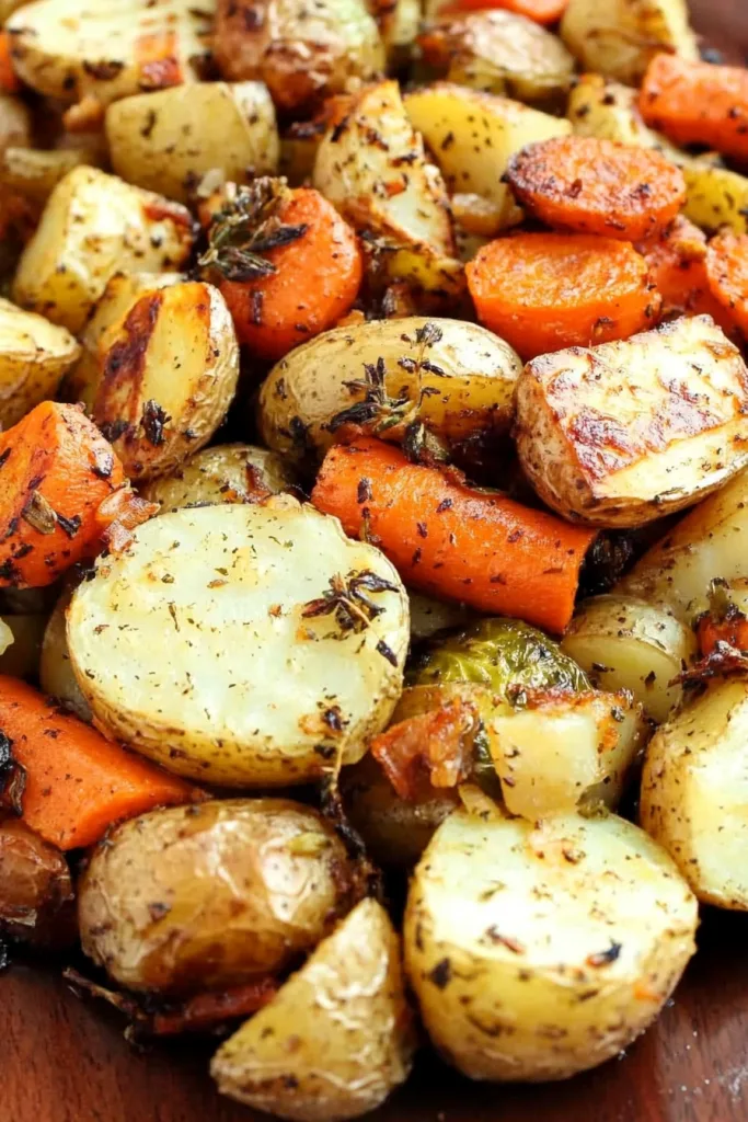 Rustic roasted mix of carrots, parsnips, and potatoes, garnished with fresh herbs.