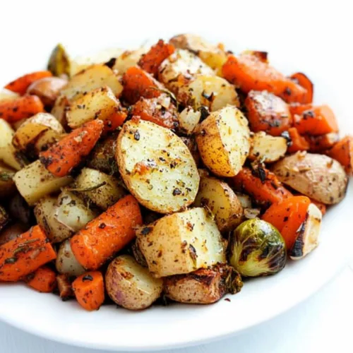 Golden vegetables glistening with oil, seasoned with herbs and cracked pepper.